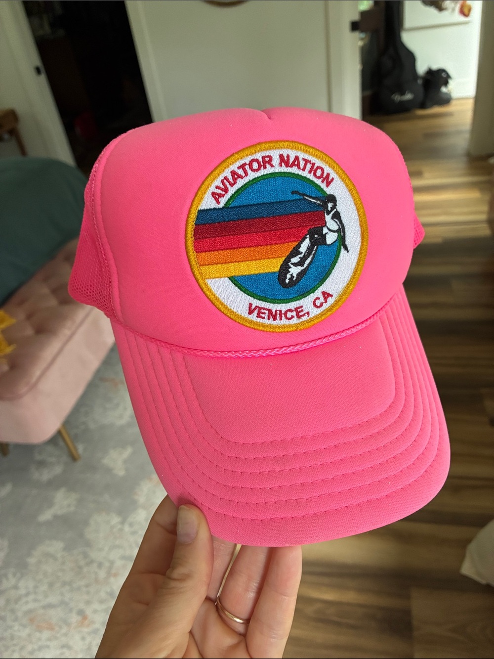 Aviator Nation‎ Neon Pink Trucker Hat with Rainbow Patch